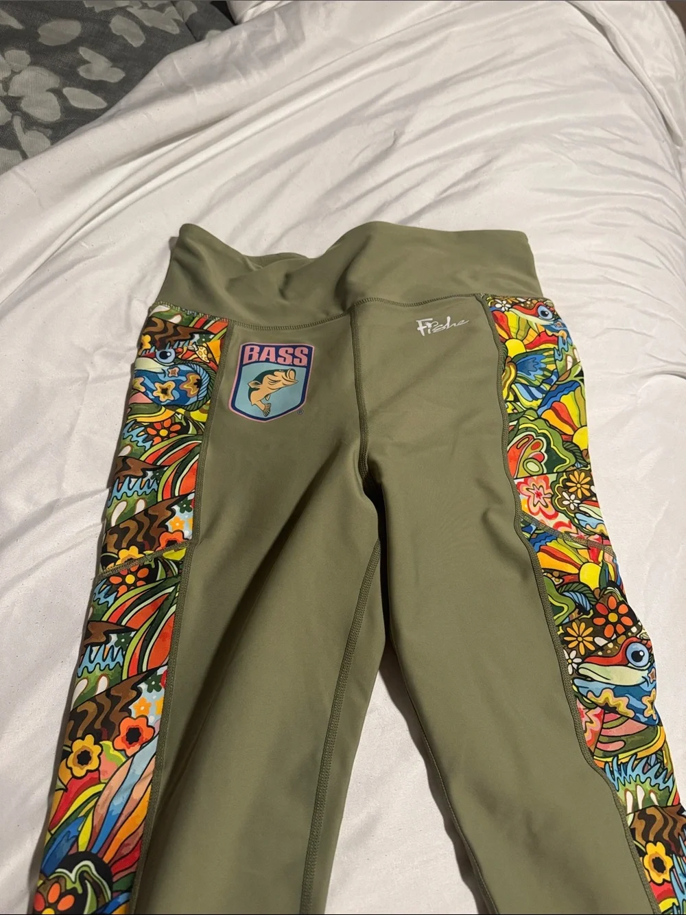 Fishe Olive Green Leggings with Colorful Side Panels - Picture 1 of 5